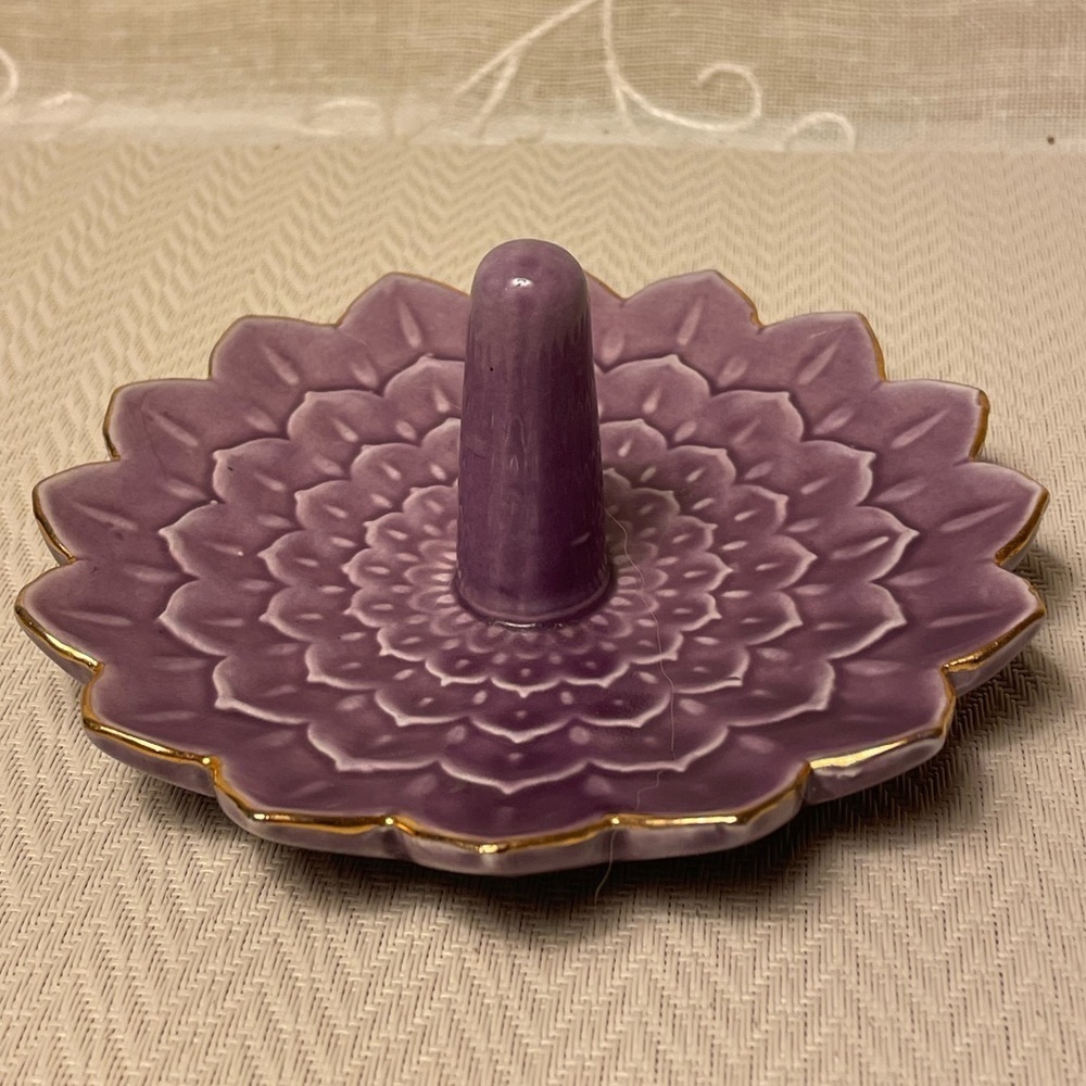Lavender Purple Lotus Flower with Gold Trim  Ceramic Ring & Jewelry Trinket Dish